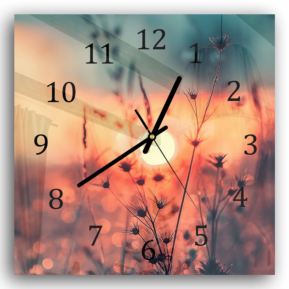 Wanduhr 30x30 - Sonnenaufgang über dem Blumenfeld