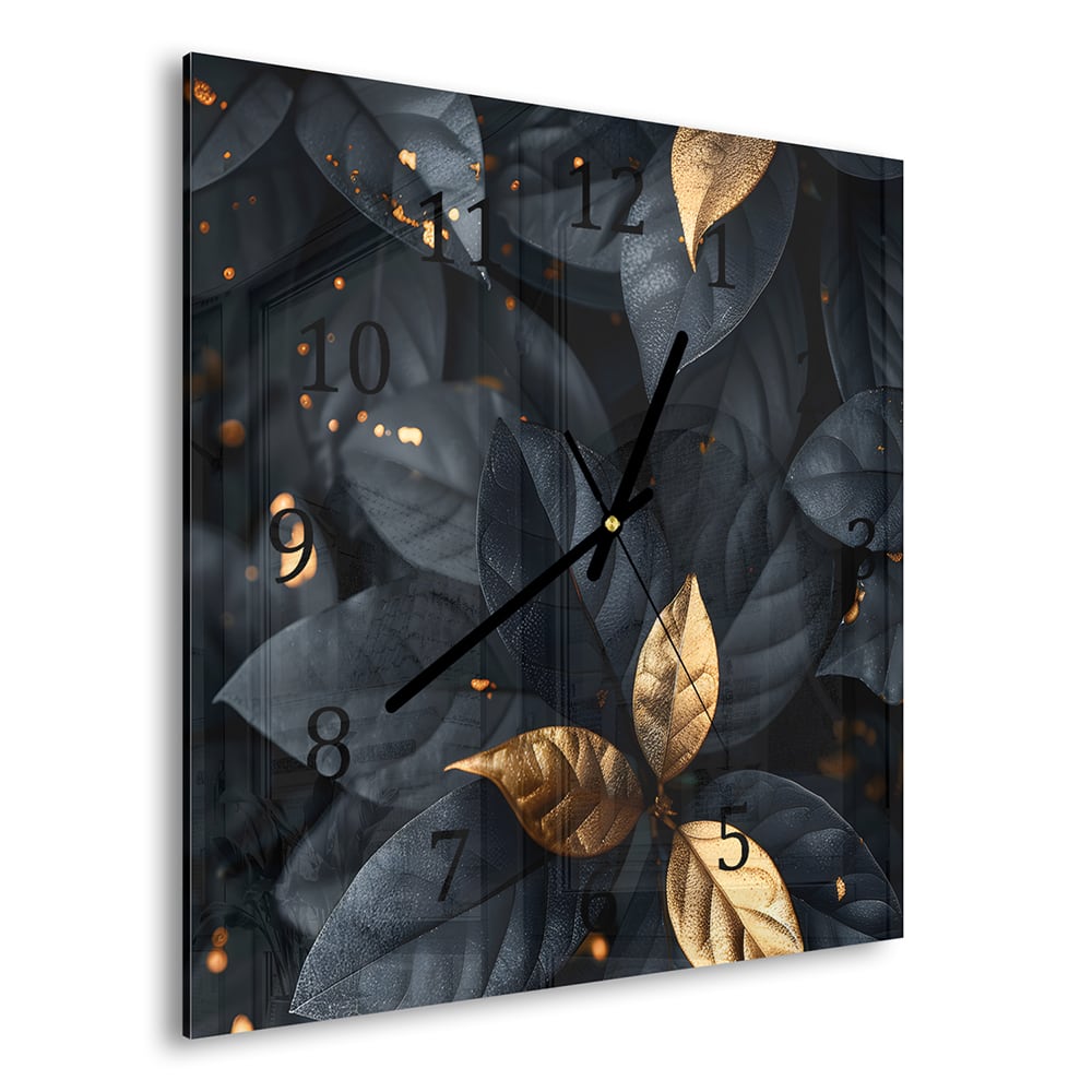 Wanduhr 30x30 - Schwarz-Goldenes Blattmuster