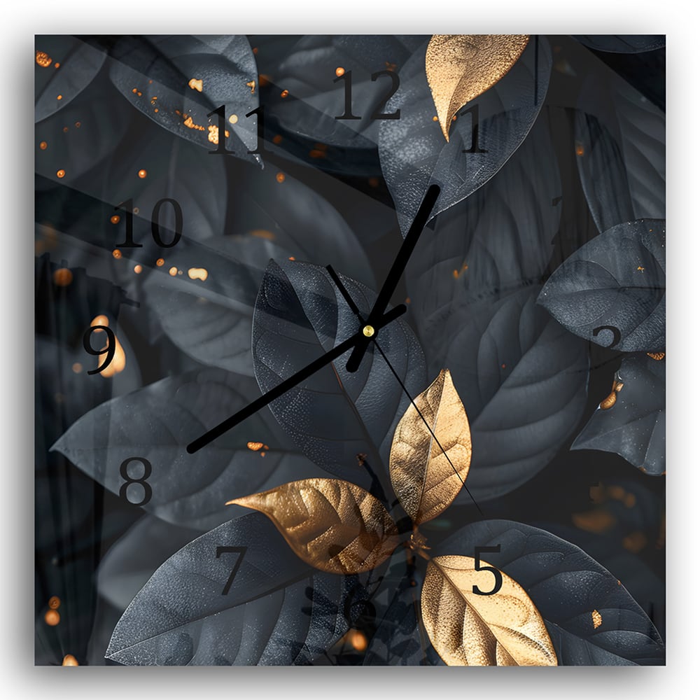 Wanduhr 30x30 - Schwarz-Goldenes Blattmuster