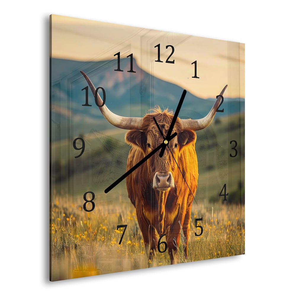 Wanduhr 30x30 - Kuh bei Sonnenaufgang