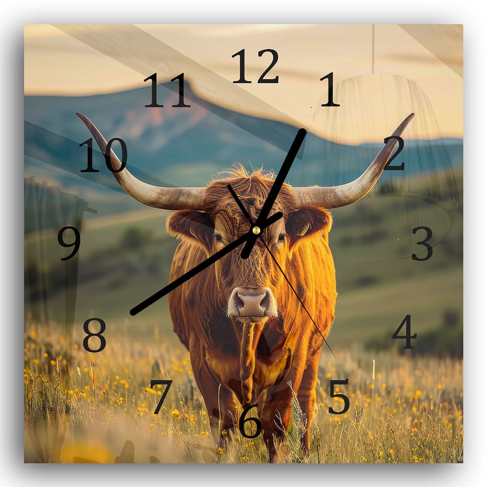 Wanduhr 30x30 - Kuh bei Sonnenaufgang