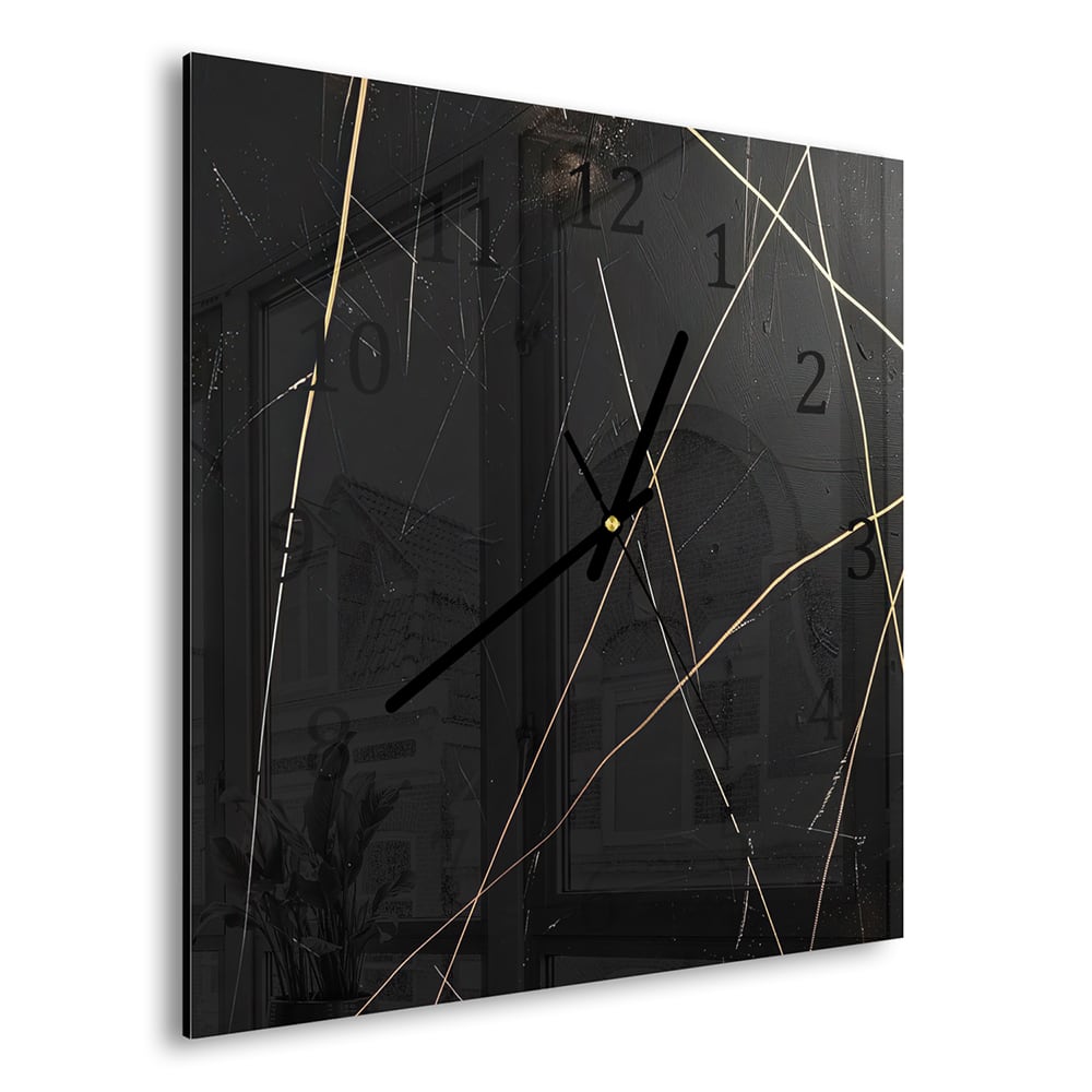 Wanduhr 30x30 - Schwarze Textur mit goldenen Linien