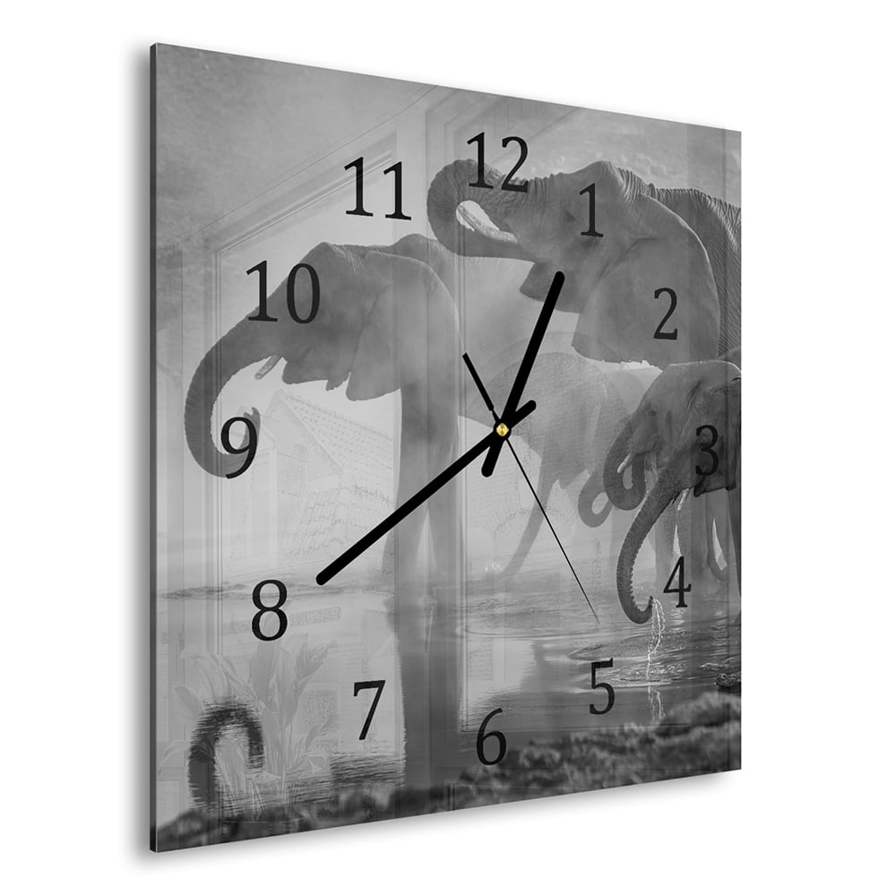 Wanduhr 30x30 - Schwarz-weiß Elefanten