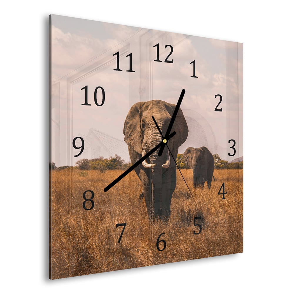 Wanduhr 30x30 - Elefanten im Feld