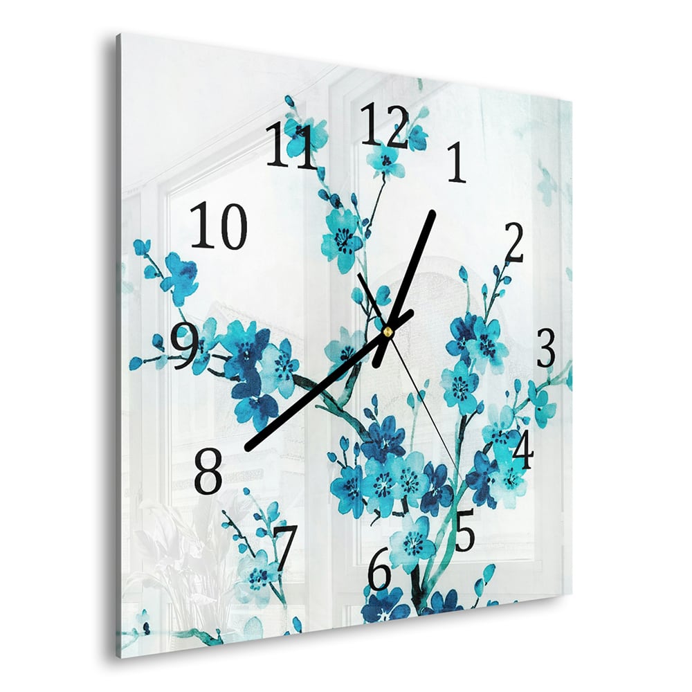 Wanduhr 30x30 - Aquarellmalerei blaue Blumen