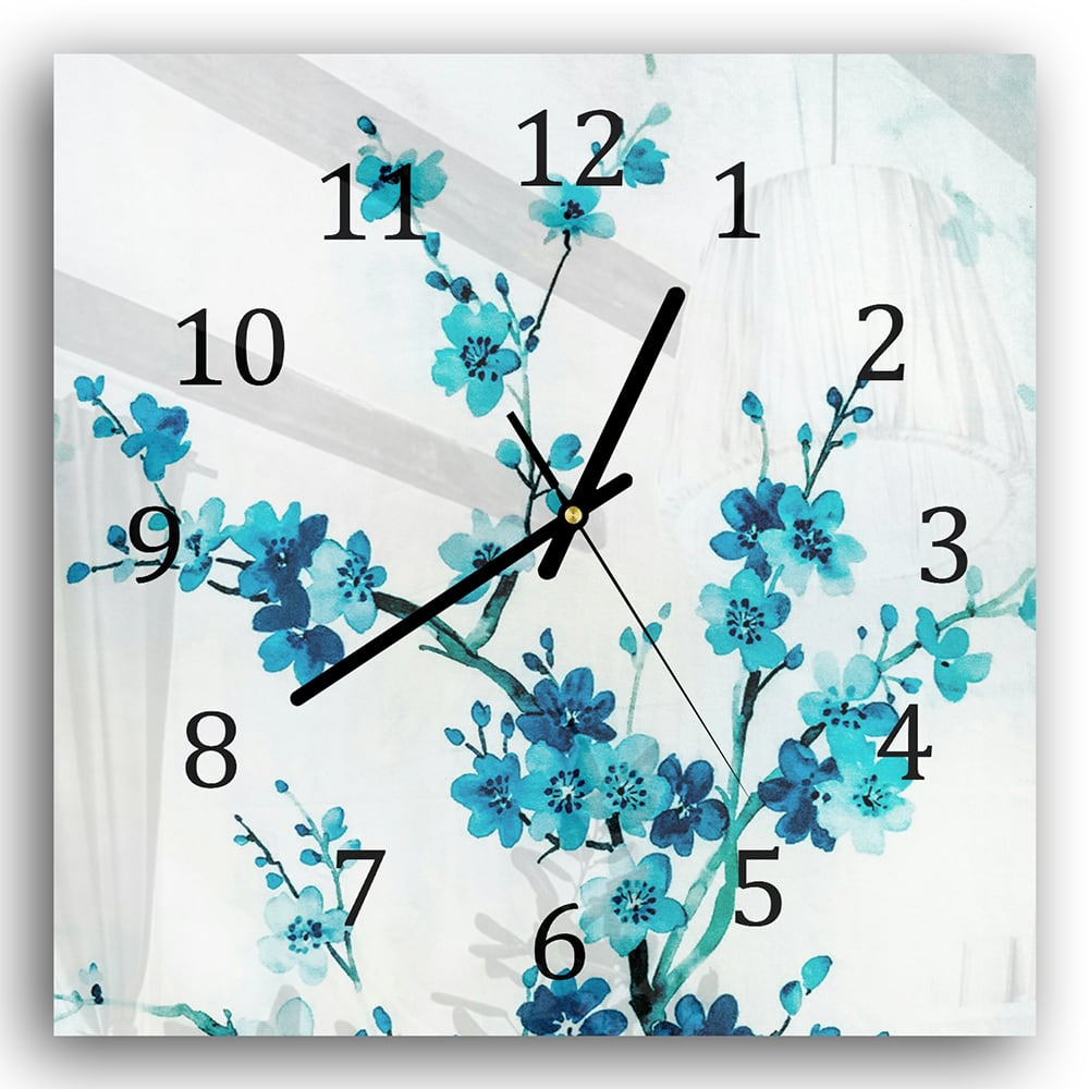 Wanduhr 30x30 - Aquarellmalerei blaue Blumen