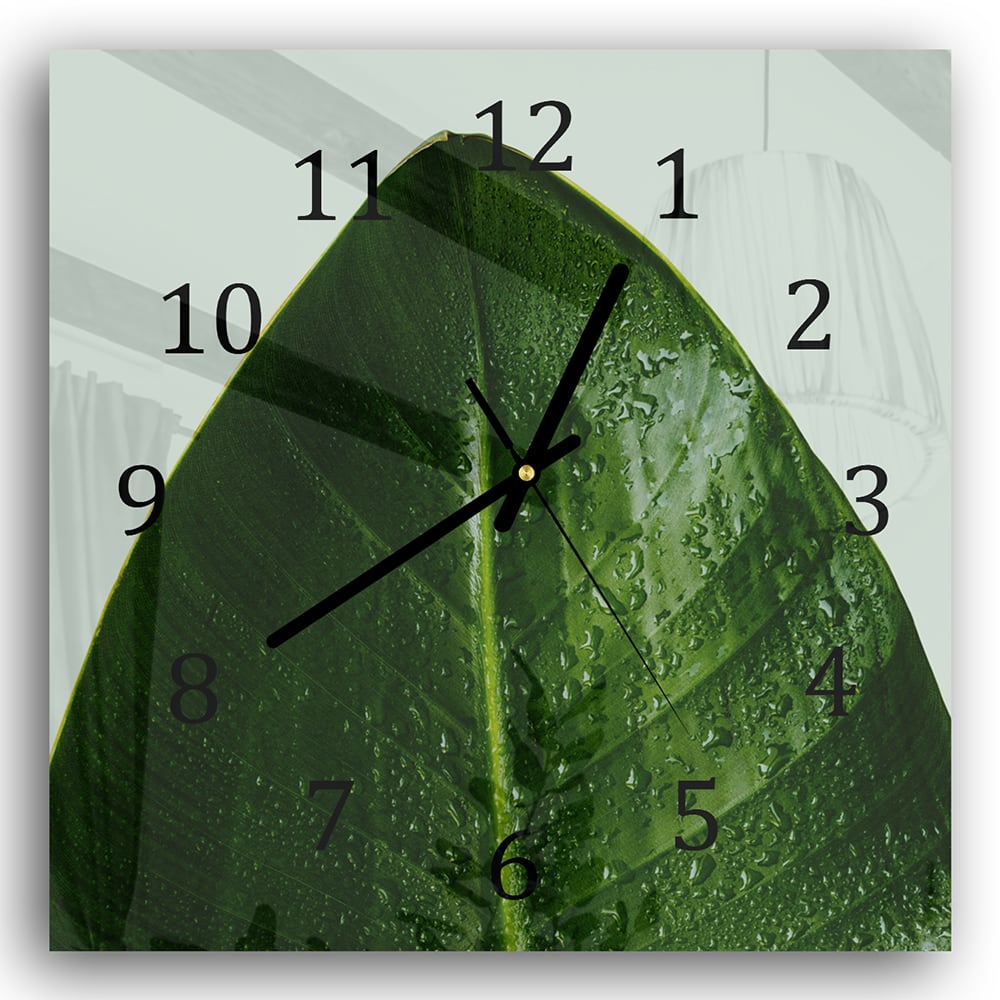 Wanduhr 30x30 - Tropfen auf tropischem Blatt