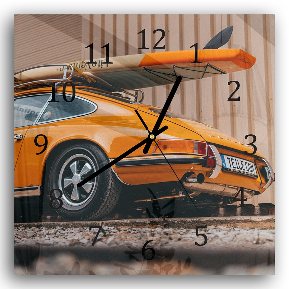 Wanduhr 30x30 - Porsche mit Surfbrett