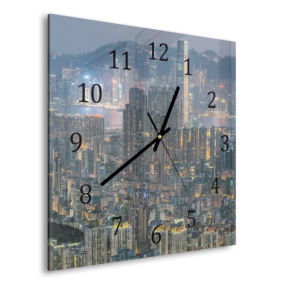 Wanduhr 30x30 - Hongkong bei Nacht