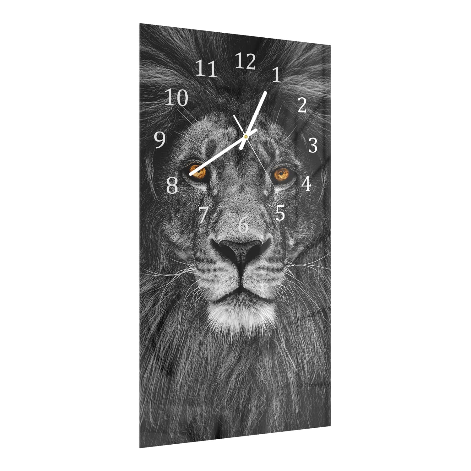 Wanduhr 30x60 - Löwenporträt im Dunkeln