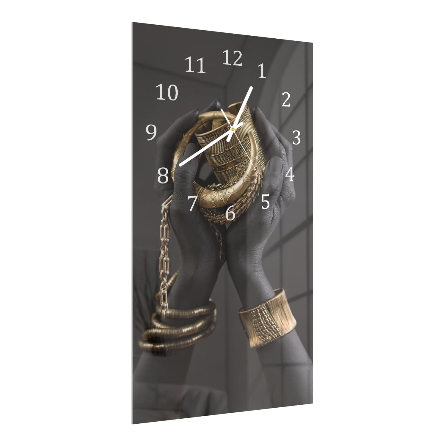 Wanduhr 30x60 - Hände mit goldenem Schmuck