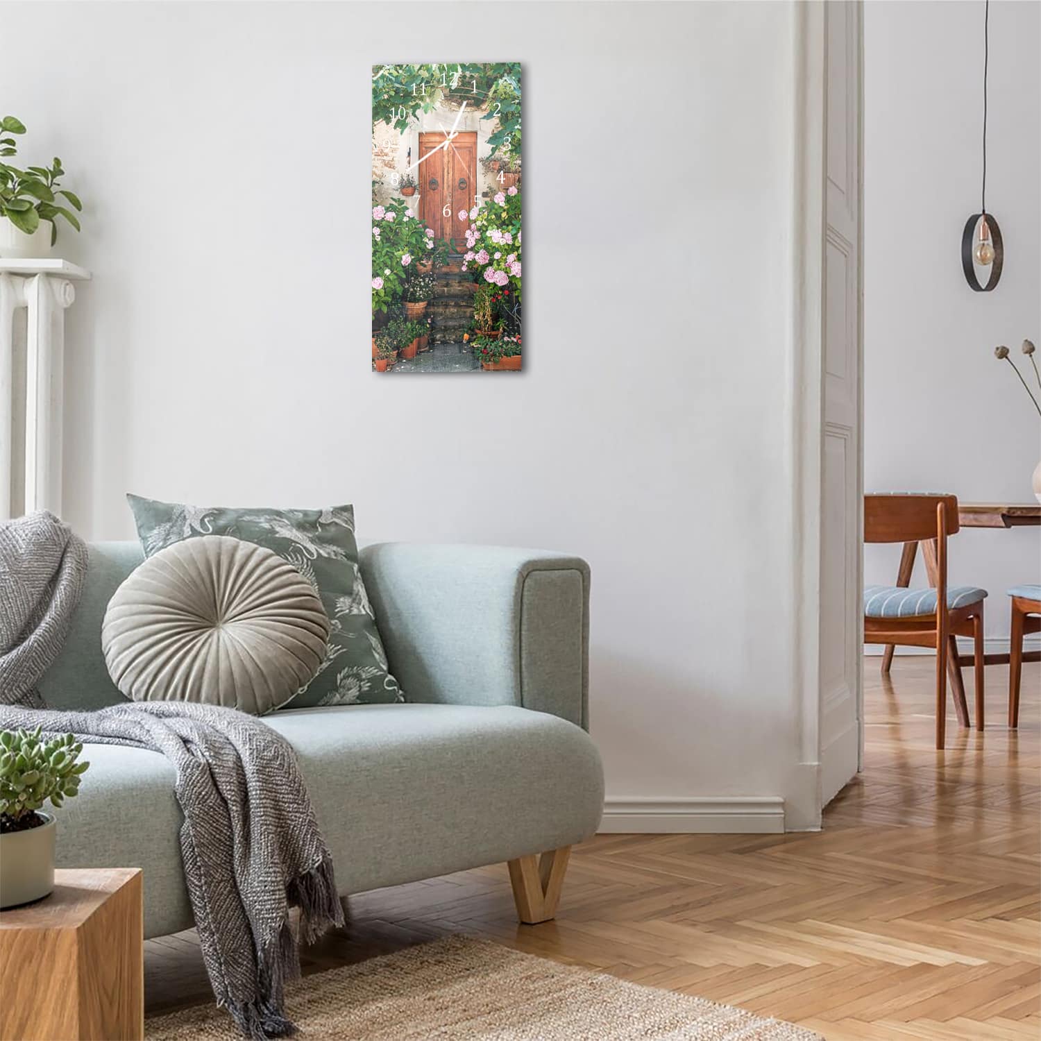 Wanduhr 30x60 - Blumenpracht an der Tür