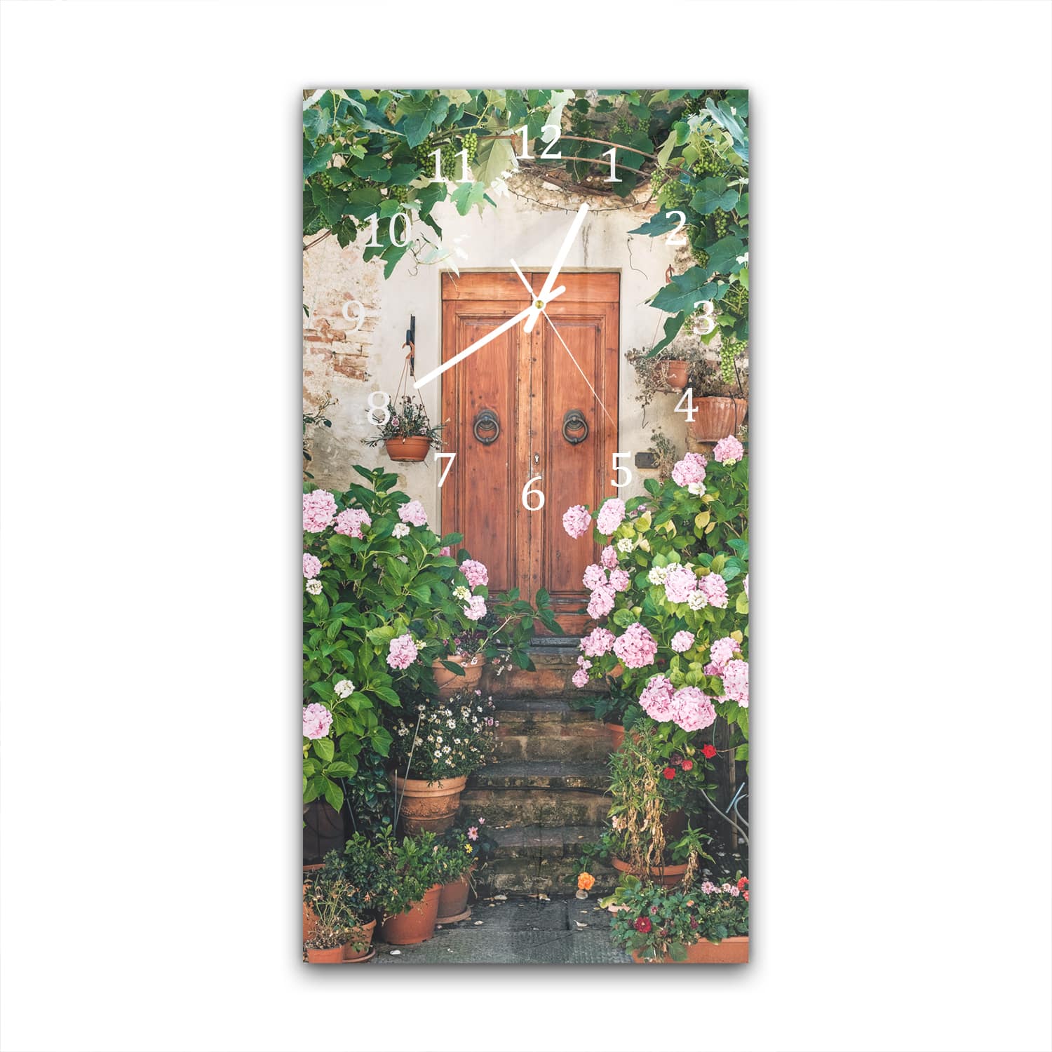 Wanduhr 30x60 - Blumenpracht an der Tür