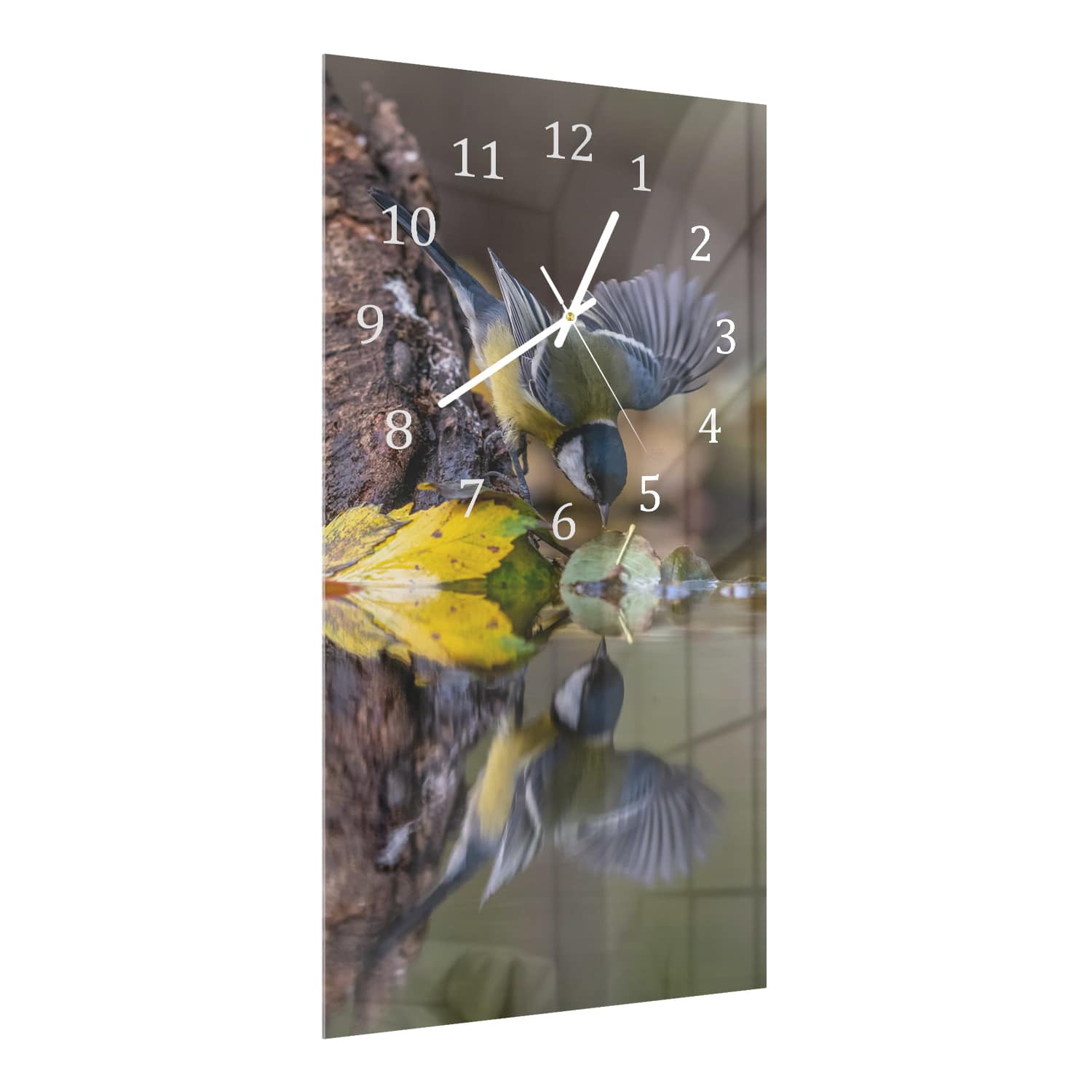 Wanduhr 30x60 - Kohlmeise am Wasser