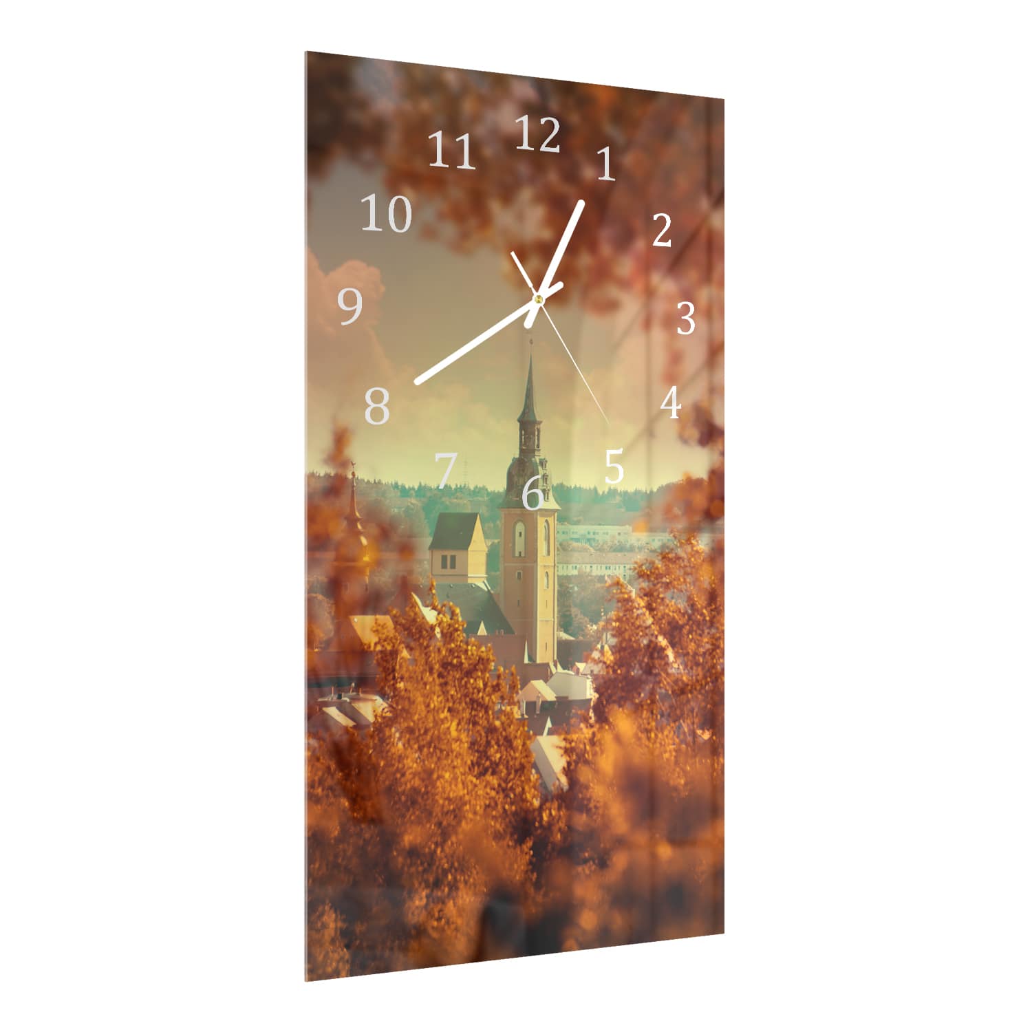 Wanduhr 30x60 - Kirche im Herbst