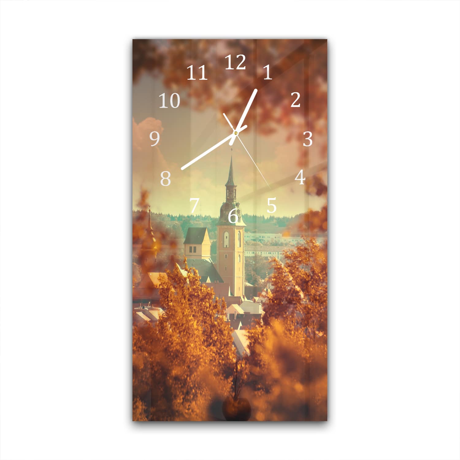 Wanduhr 30x60 - Kirche im Herbst