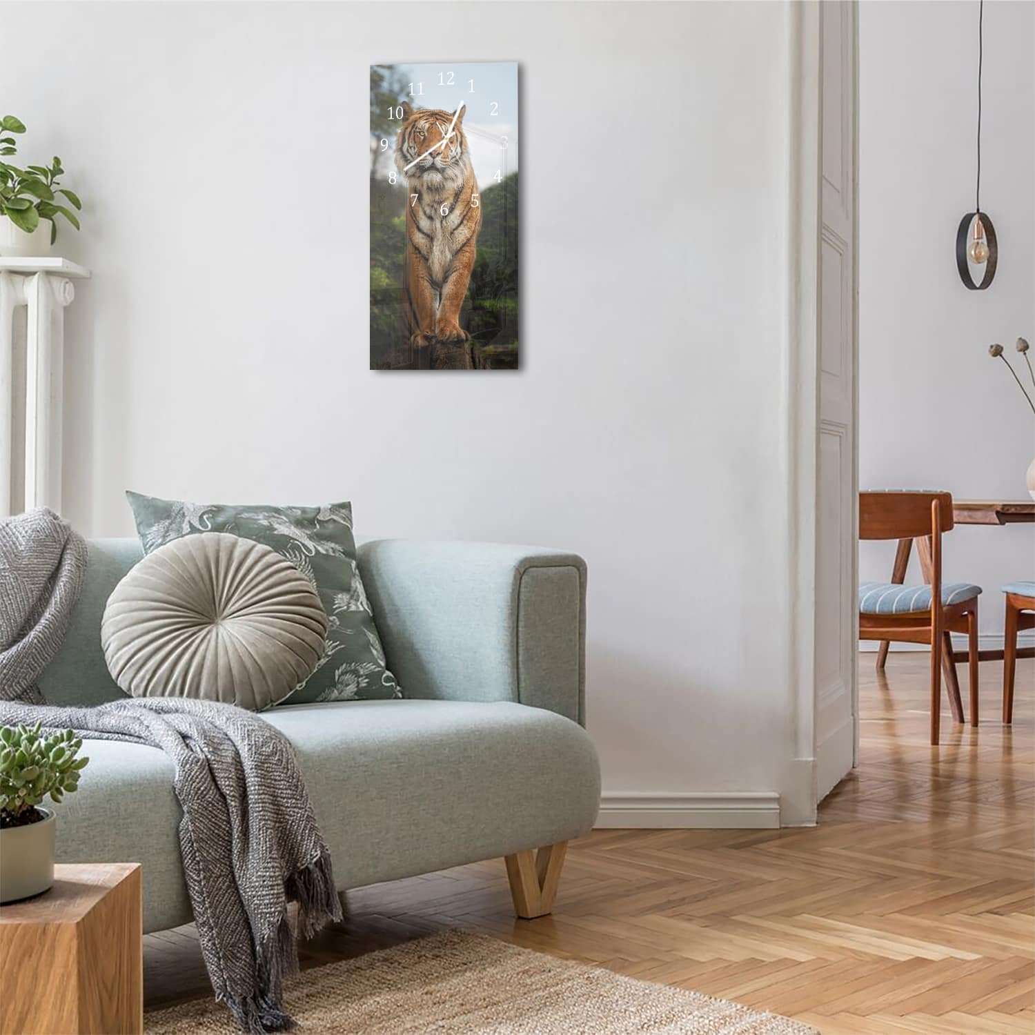 Wanduhr 30x60 - Bengalischer Tiger auf Felsen
