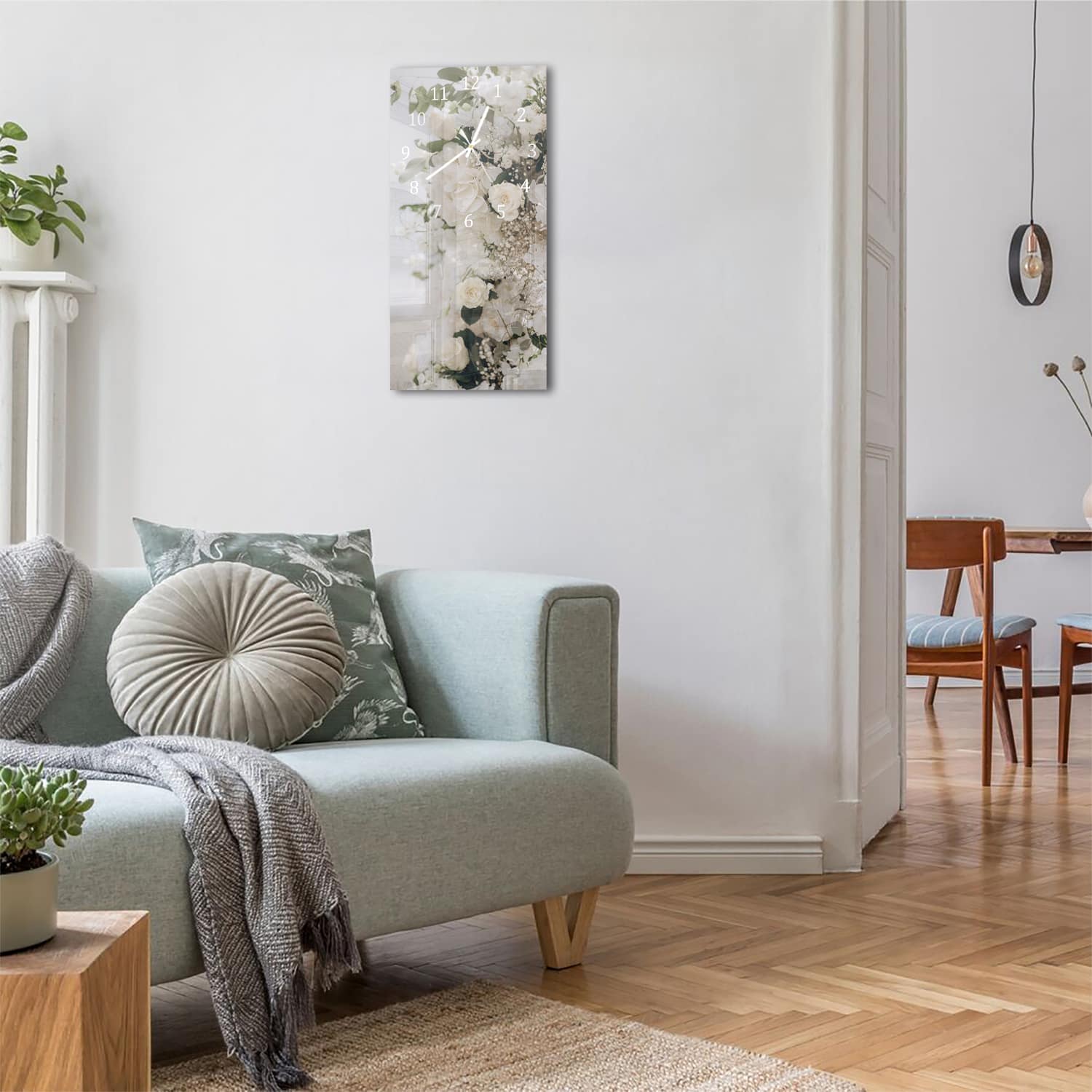 Wanduhr 30x60 - Weiße Blumen-Deko