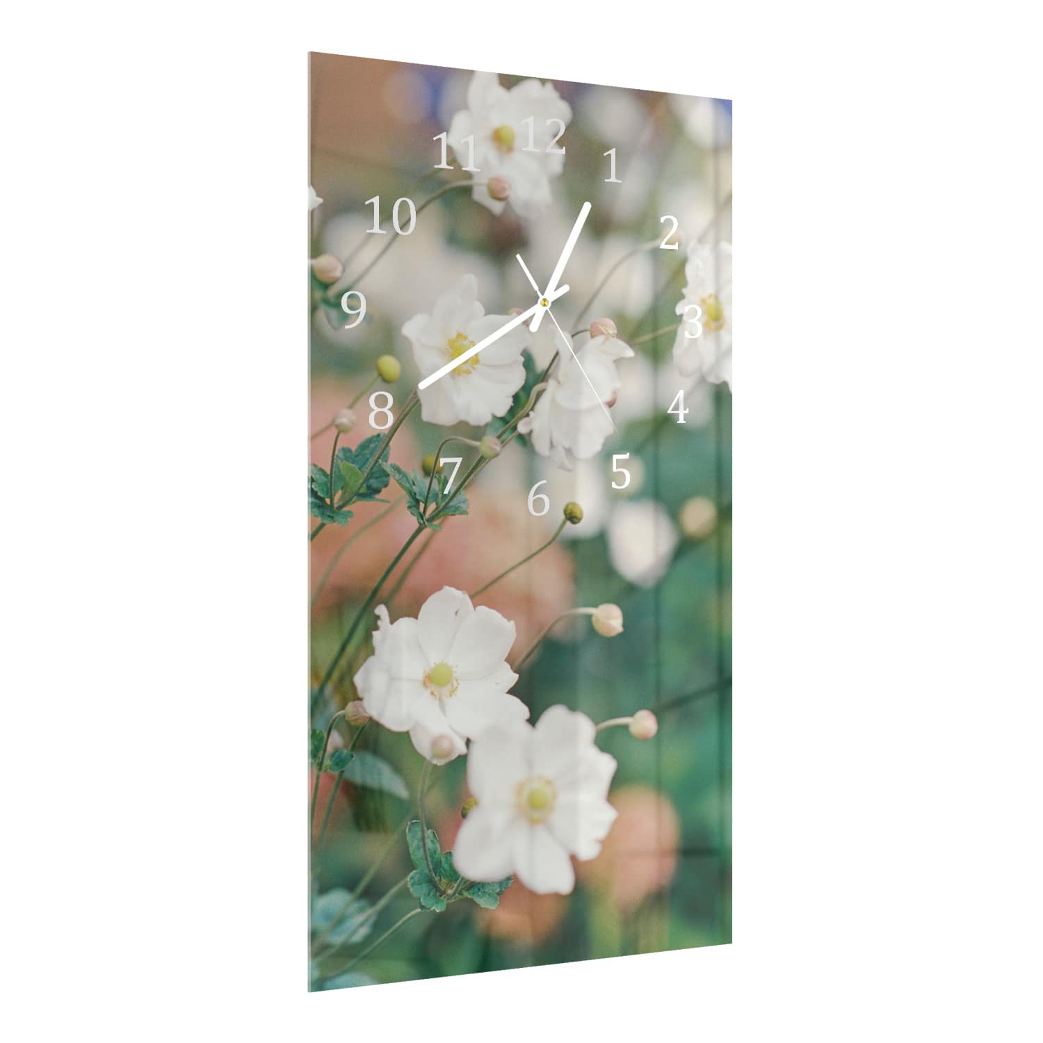 Wanduhr 30x60 - Weiße Blumen im Garten