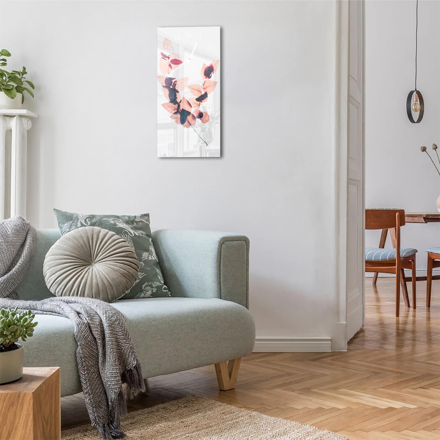 Wanduhr 30x60 - Aquarell rosa Blätter