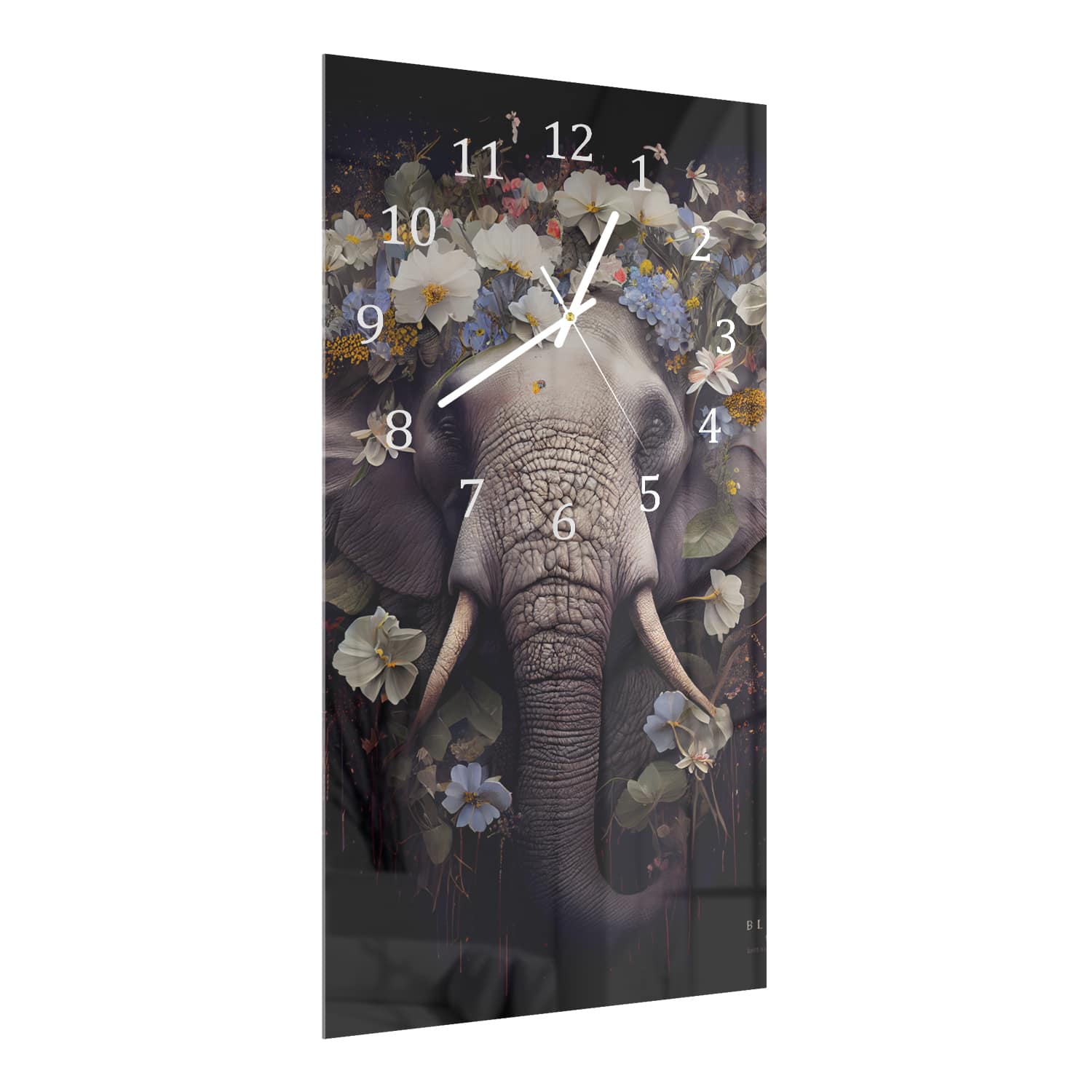 Wanduhr 30x60 - Elefantenporträt mit Blumen