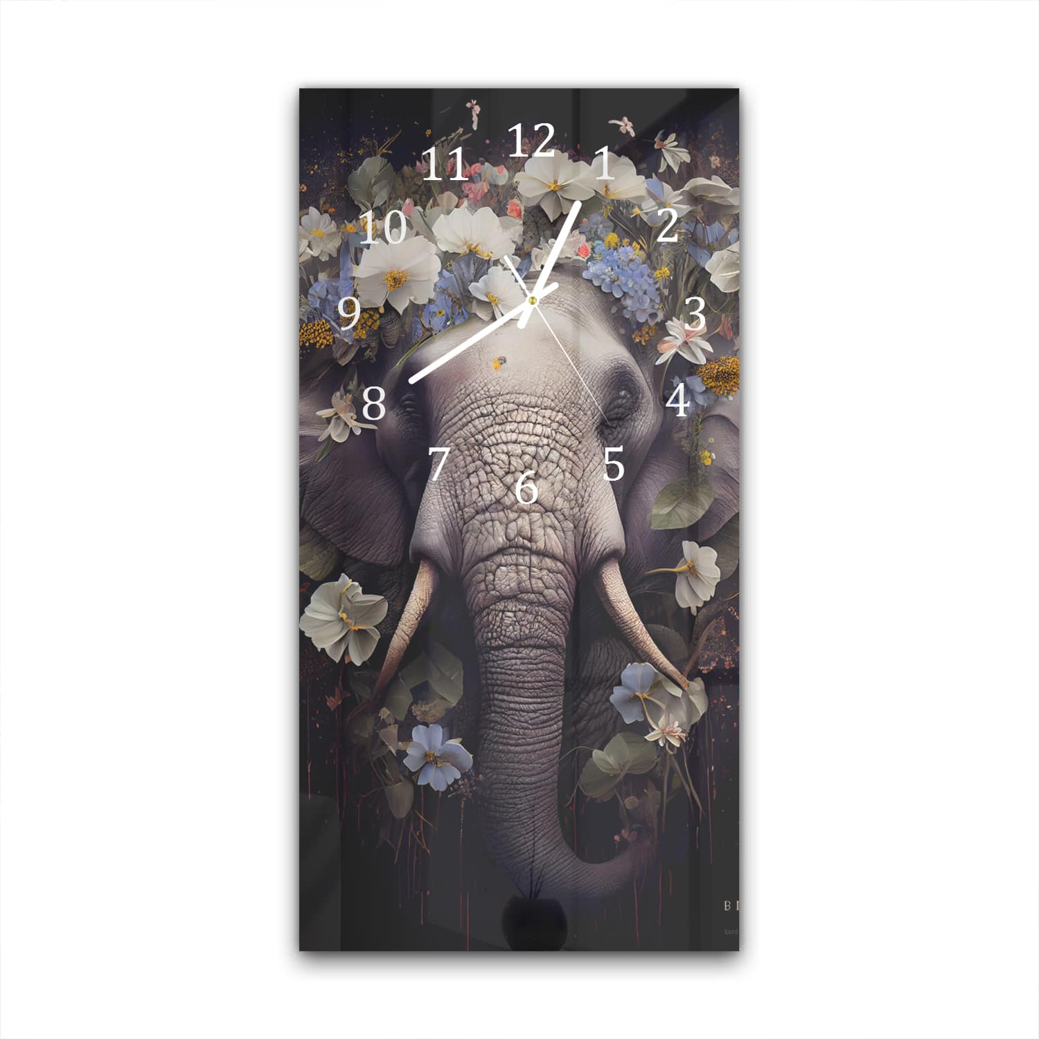 Wanduhr 30x60 - Elefantenporträt mit Blumen