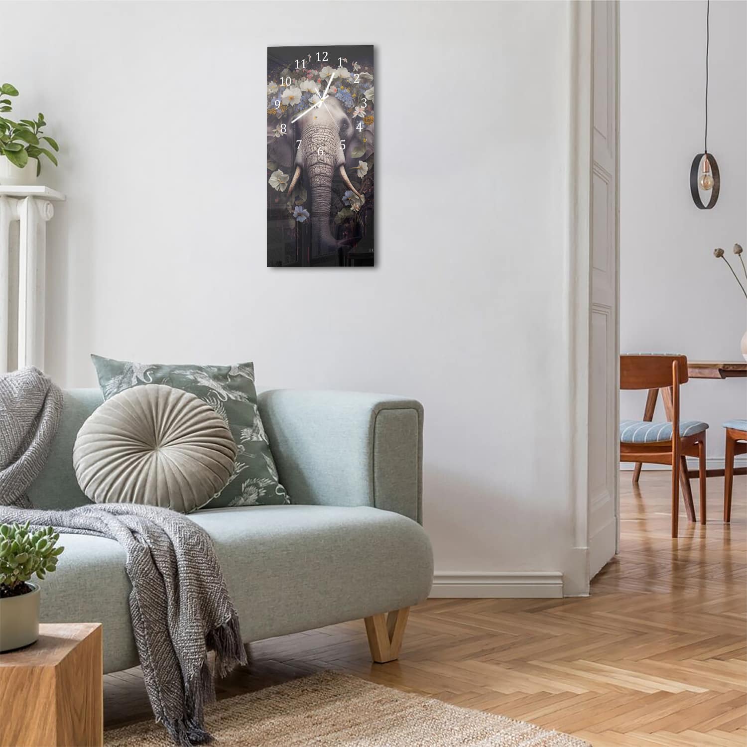 Wanduhr 30x60 - Elefantenporträt mit Blumen