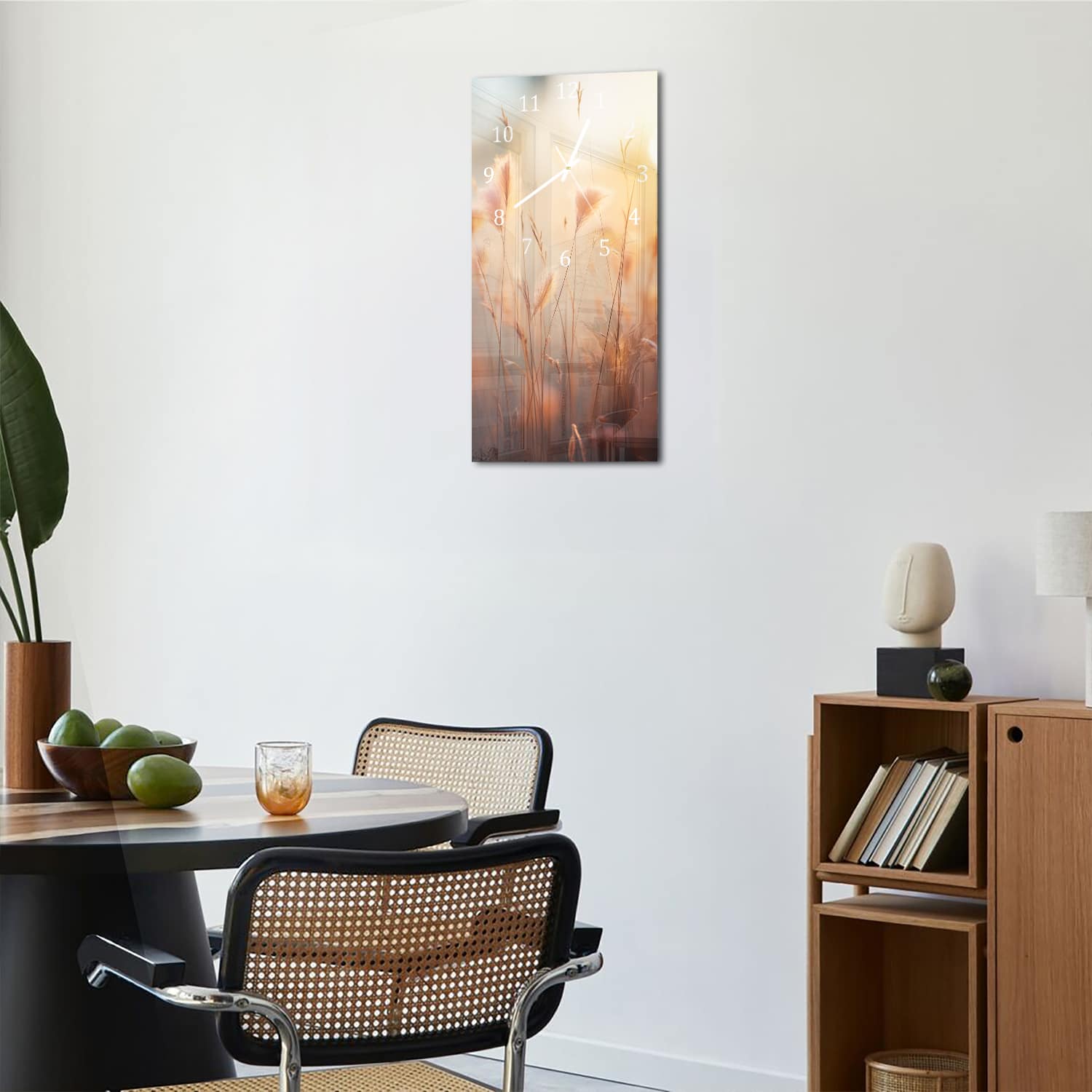Wanduhr 30x60 - Sonnenuntergang im Grasfeld
