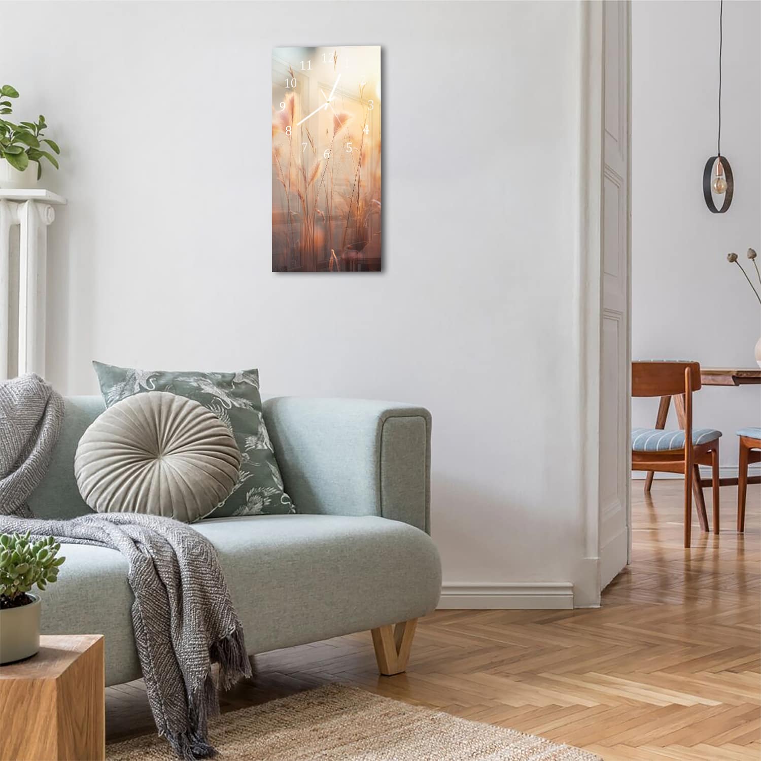 Wanduhr 30x60 - Sonnenuntergang im Grasfeld