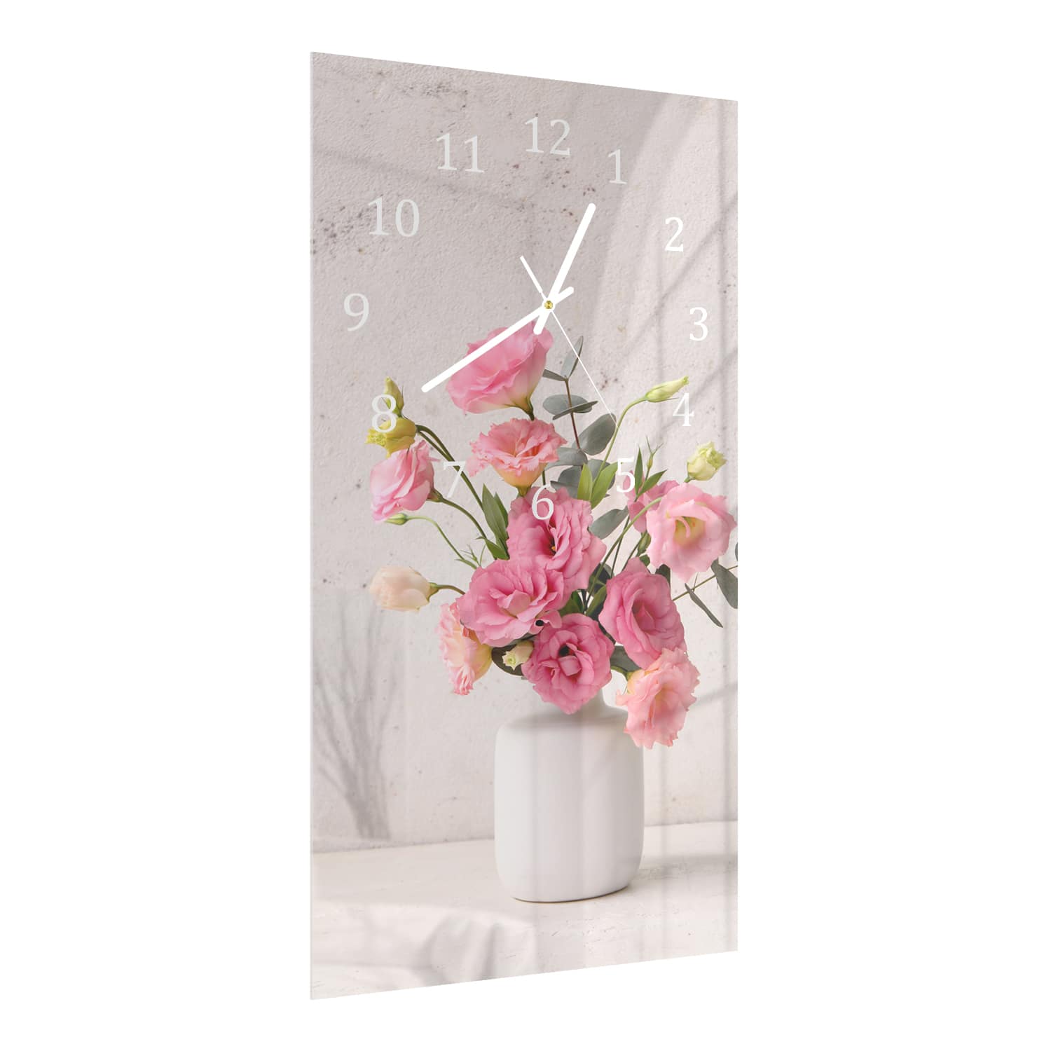 Wanduhr 30x60 - Rosa Eustoma in weißer Vase