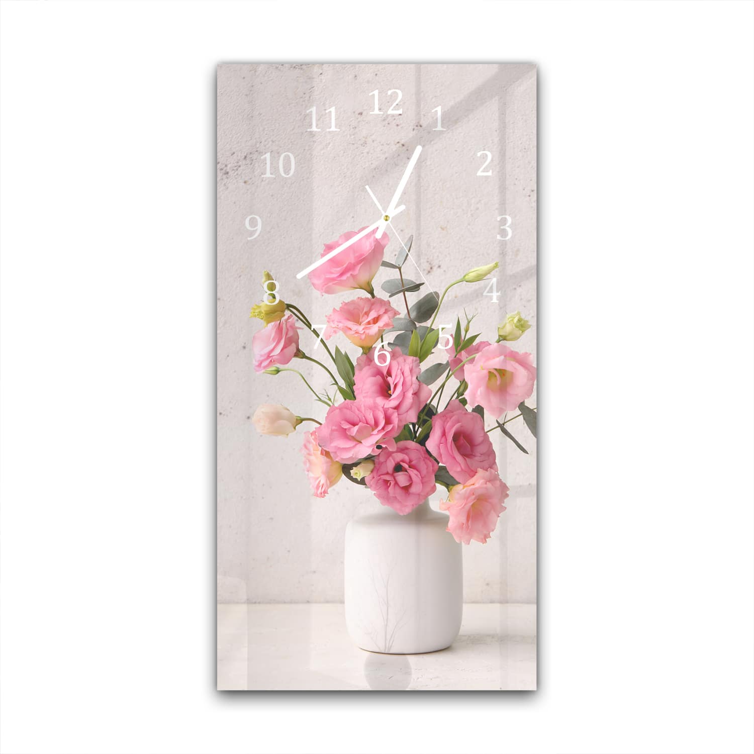 Wanduhr 30x60 - Rosa Eustoma in weißer Vase