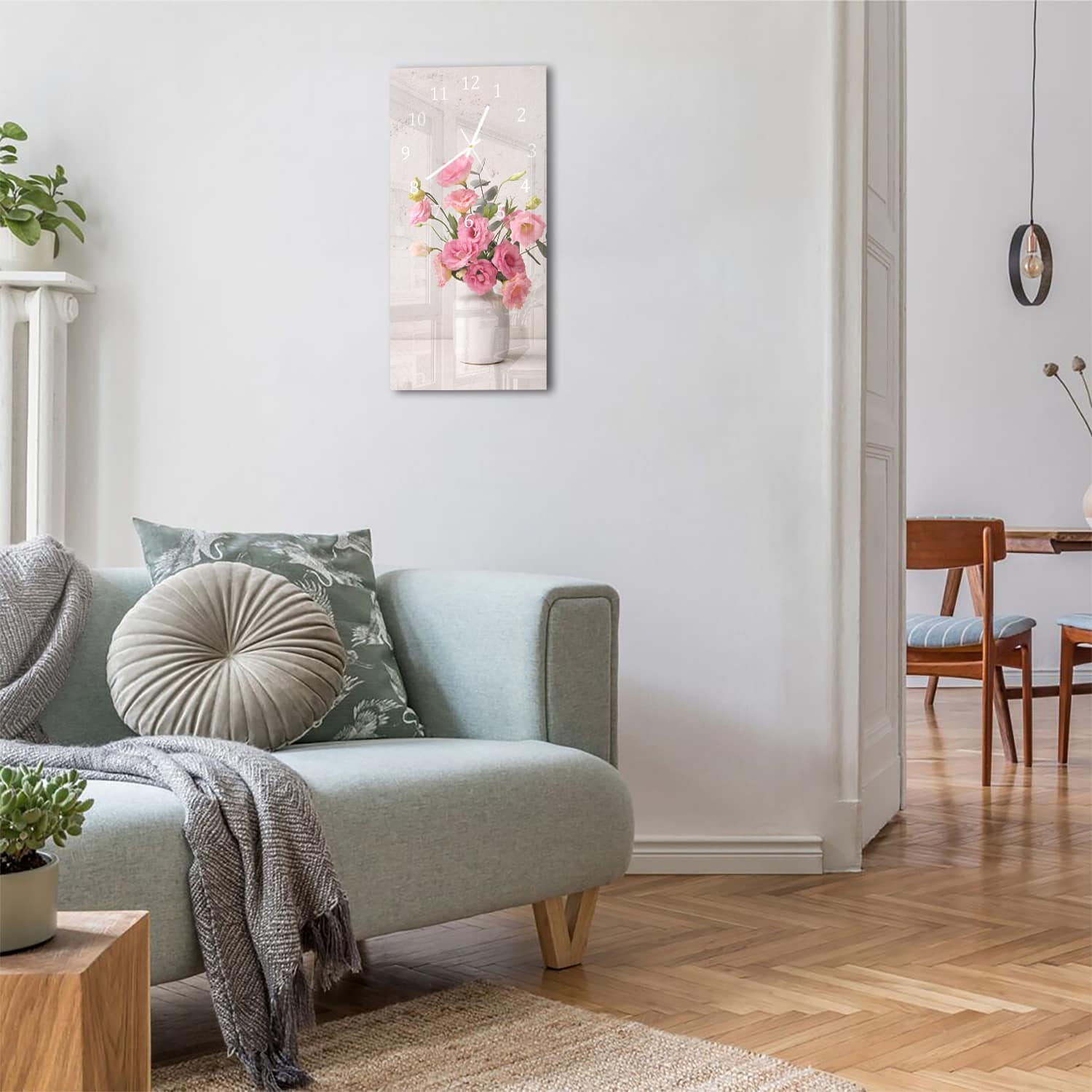 Wanduhr 30x60 - Rosa Eustoma in weißer Vase