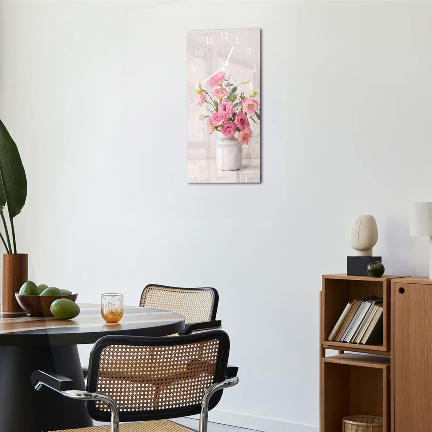 Wanduhr 30x60 - Rosa Eustoma in weißer Vase