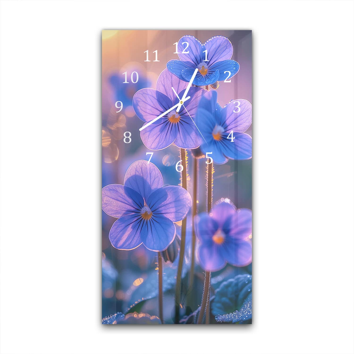 Wanduhr 30x60 - Veilchen in der Morgensonne