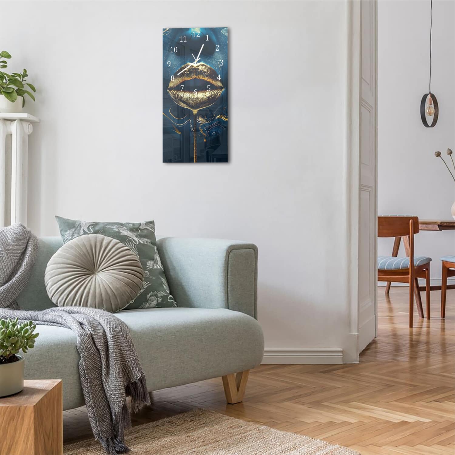 Wanduhr 30x60 - Goldene Lippen in abstrakter Kunst