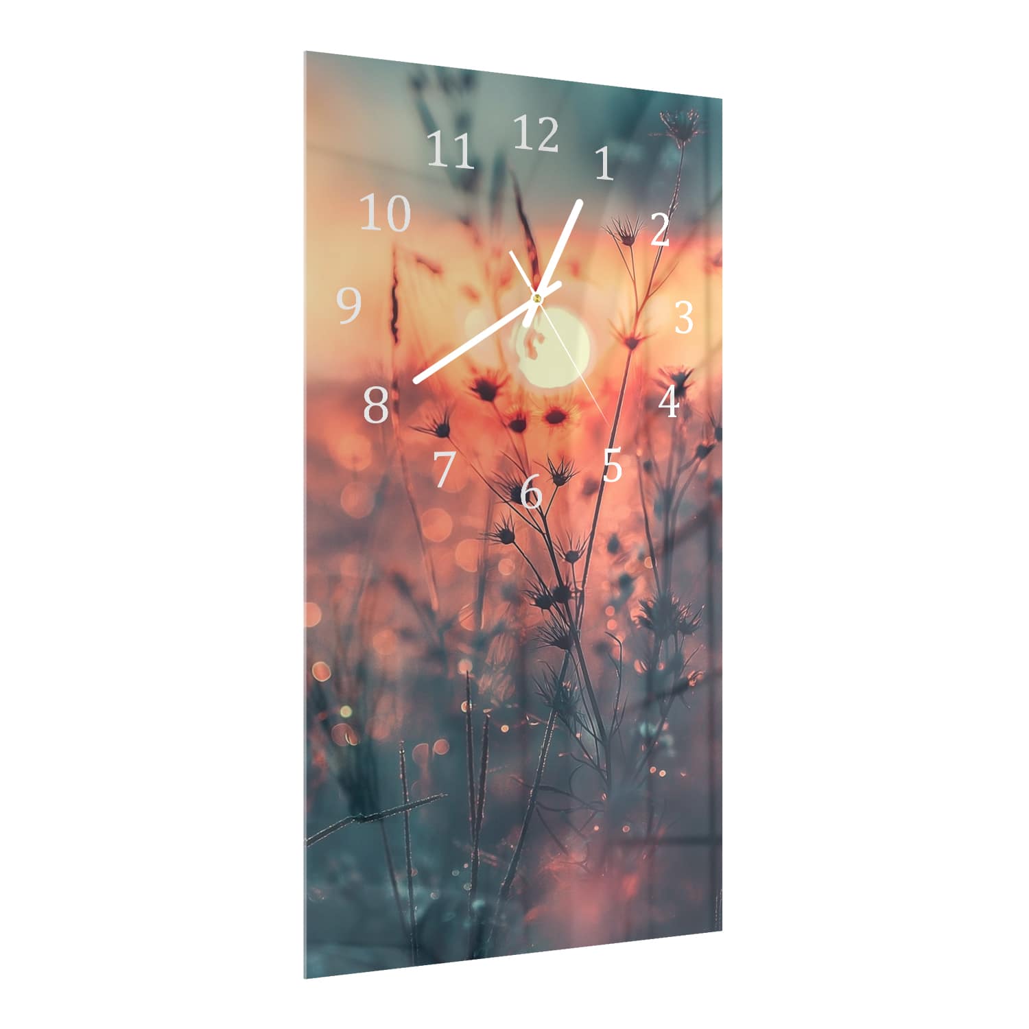Wanduhr 30x60 - Sonnenaufgang über dem Blumenfeld