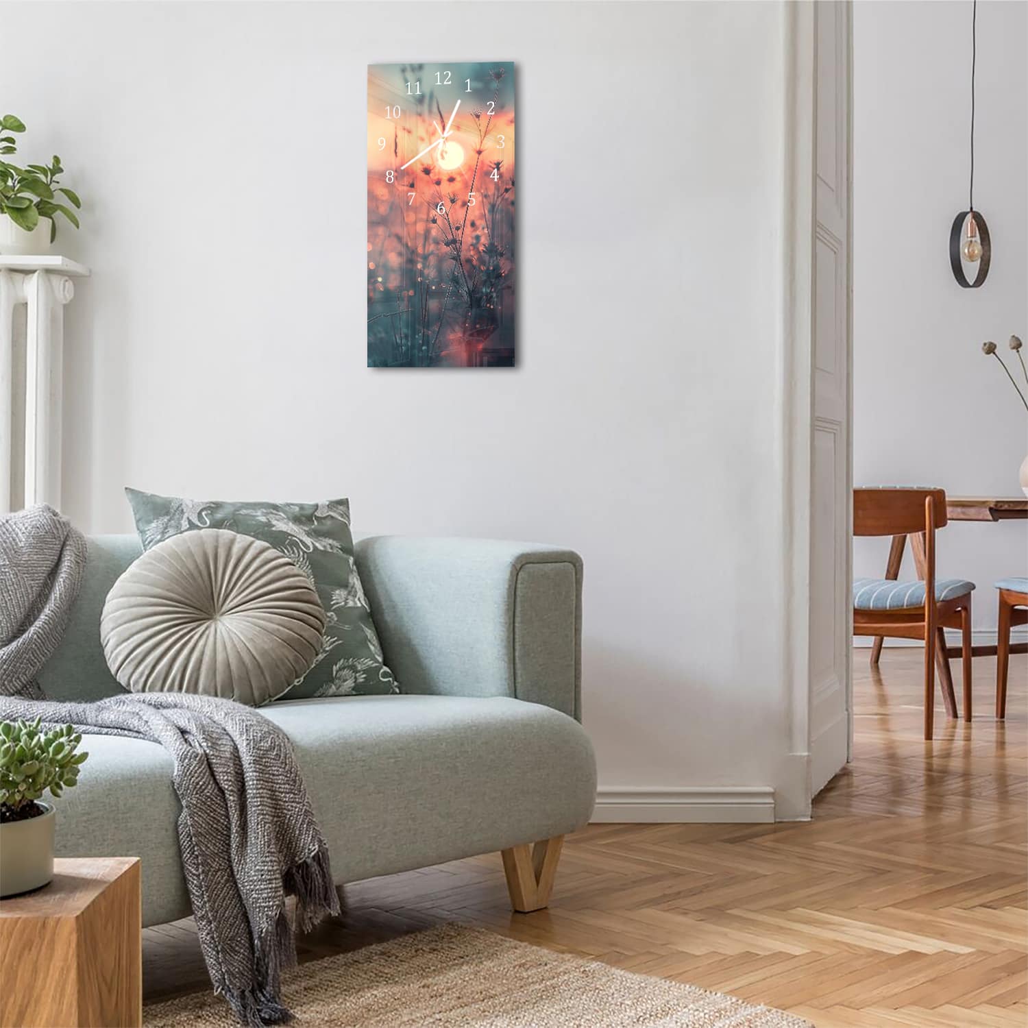 Wanduhr 30x60 - Sonnenaufgang über dem Blumenfeld