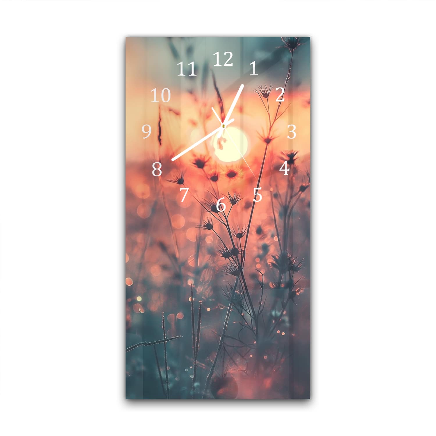 Wanduhr 30x60 - Sonnenaufgang über dem Blumenfeld