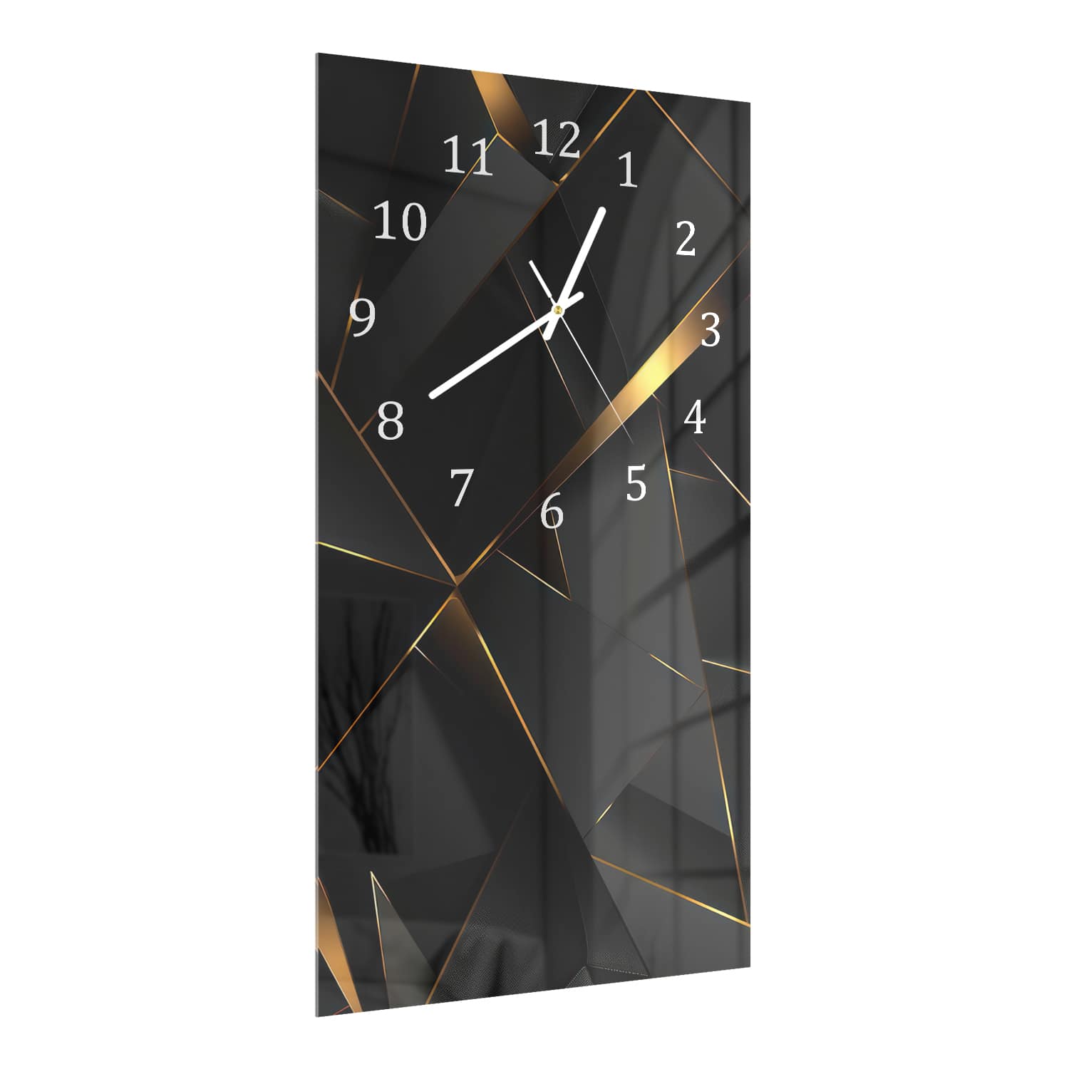 Wanduhr 30x60 - Goldene Linien auf schwarzer Geometrie