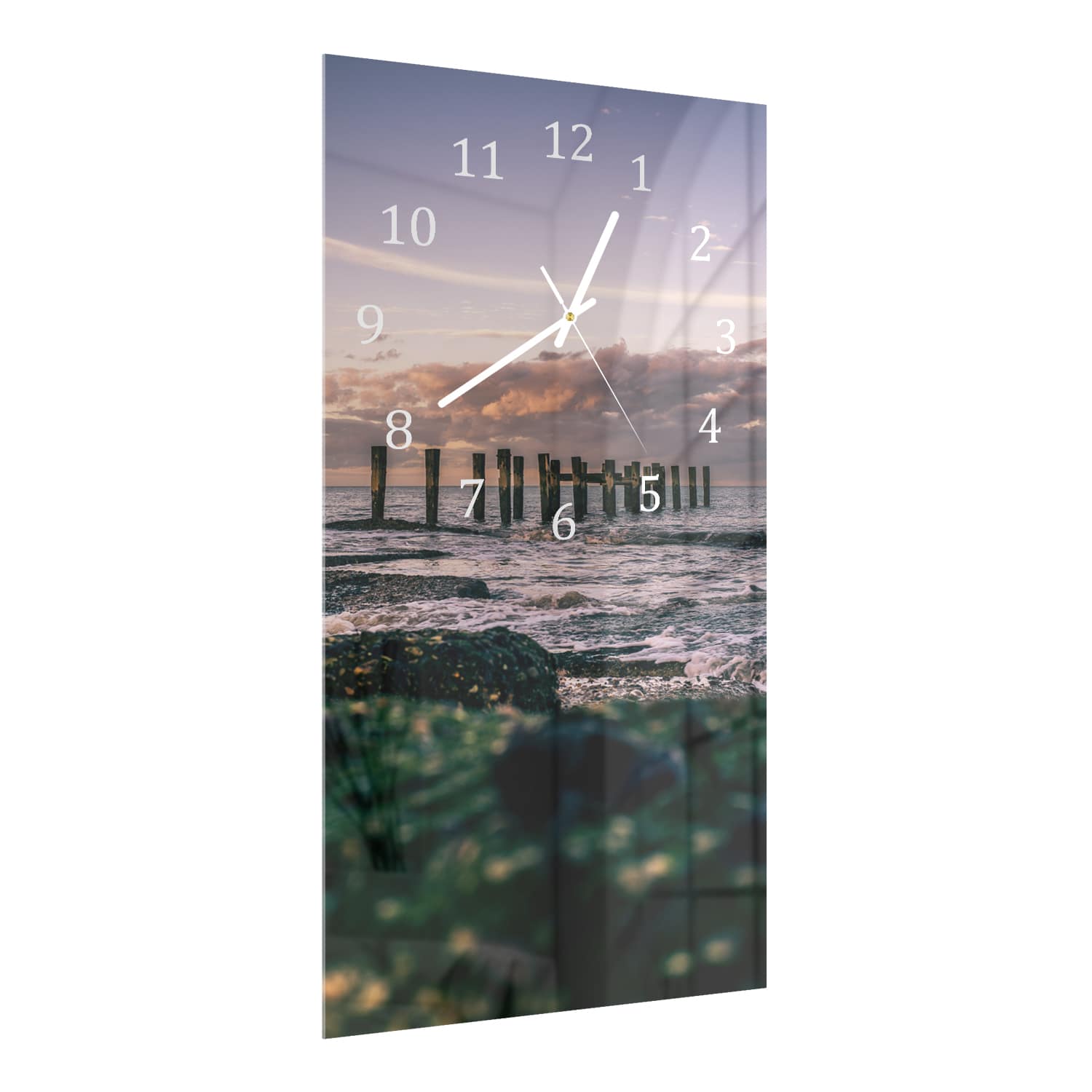 Wanduhr 30x60 - Alte Pfeiler im Meer