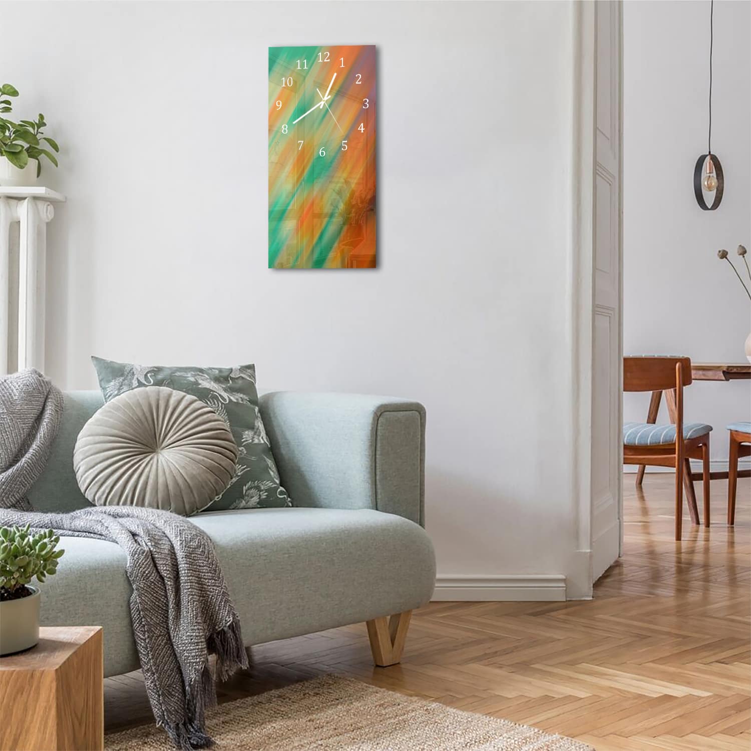 Wanduhr 30x60 - Orange & Grüne Abstraktion