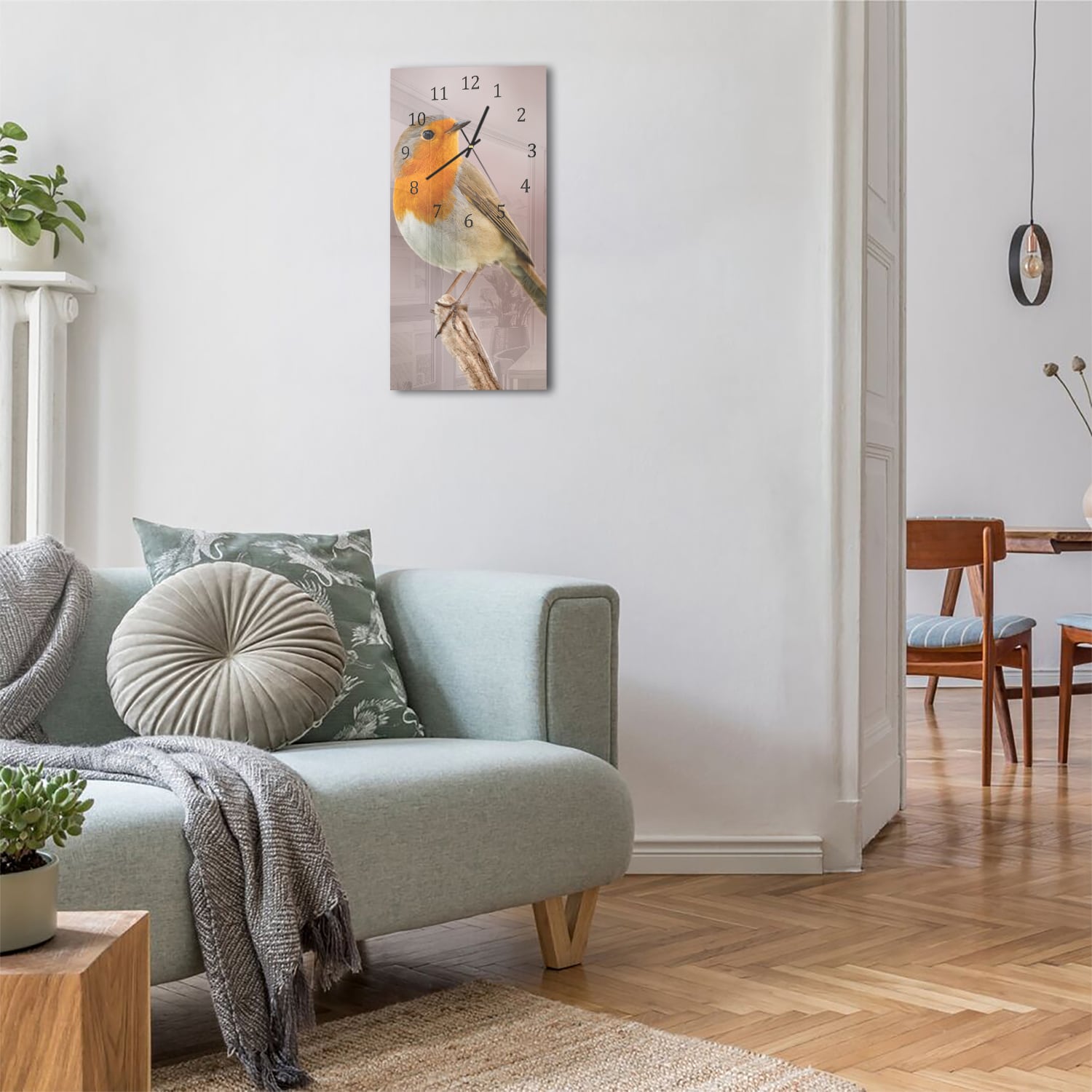 Wanduhr 30x60 - Rotkehlchen auf Zweig