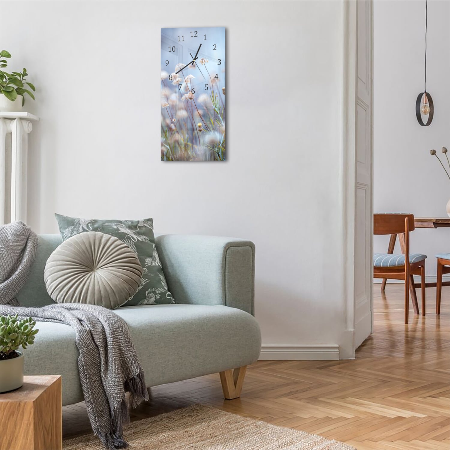 Wanduhr 30x60 - Neblige Blumenwiese