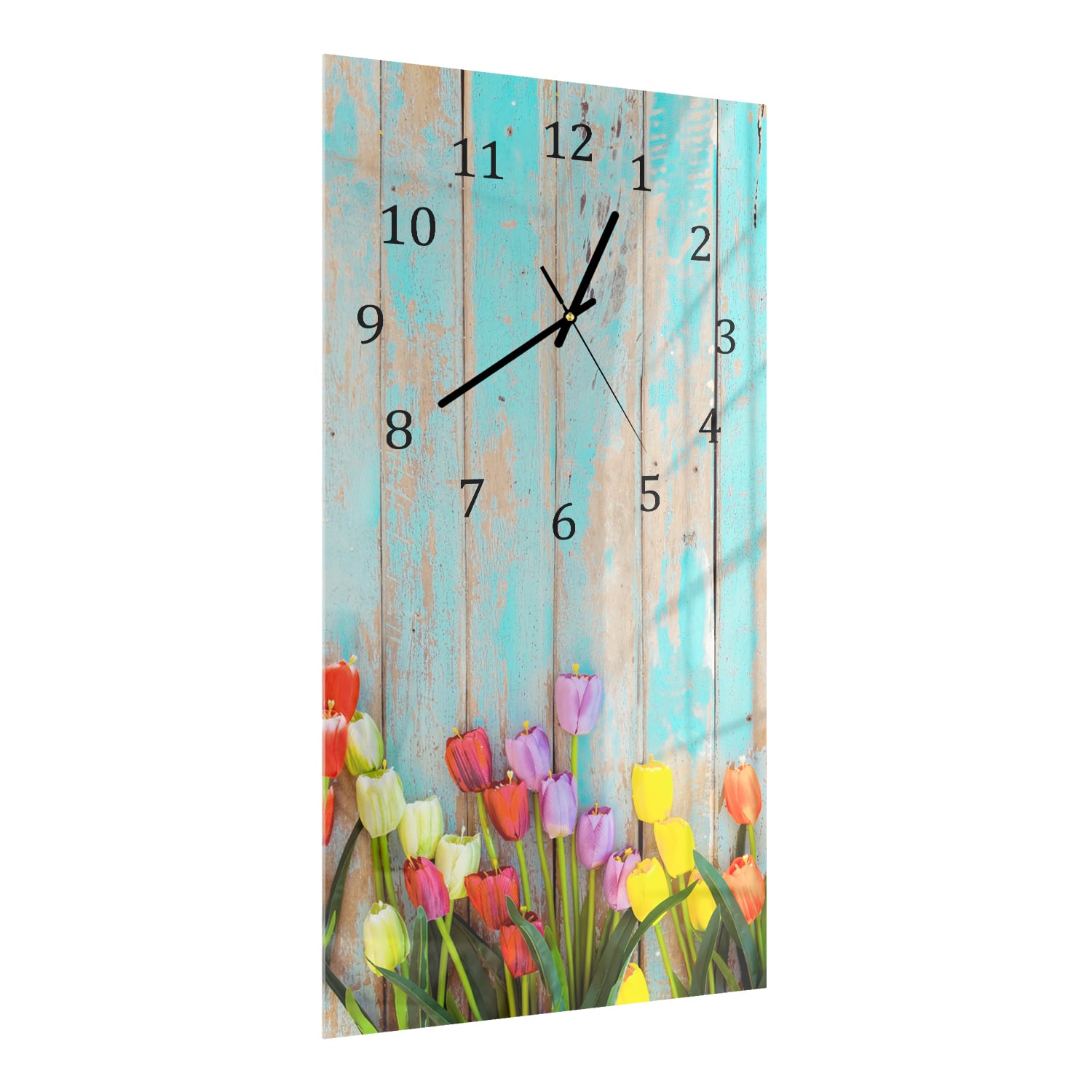 Wanduhr 30x60 - Tulpen vor Vintage-Holz
