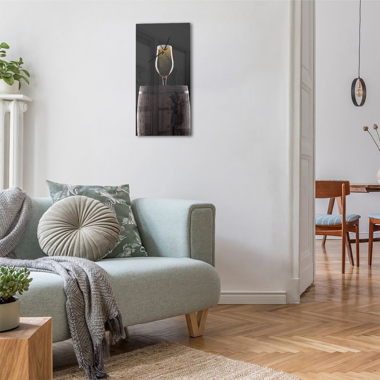 Wanduhr 30x60 - Bierglas auf Holzfass