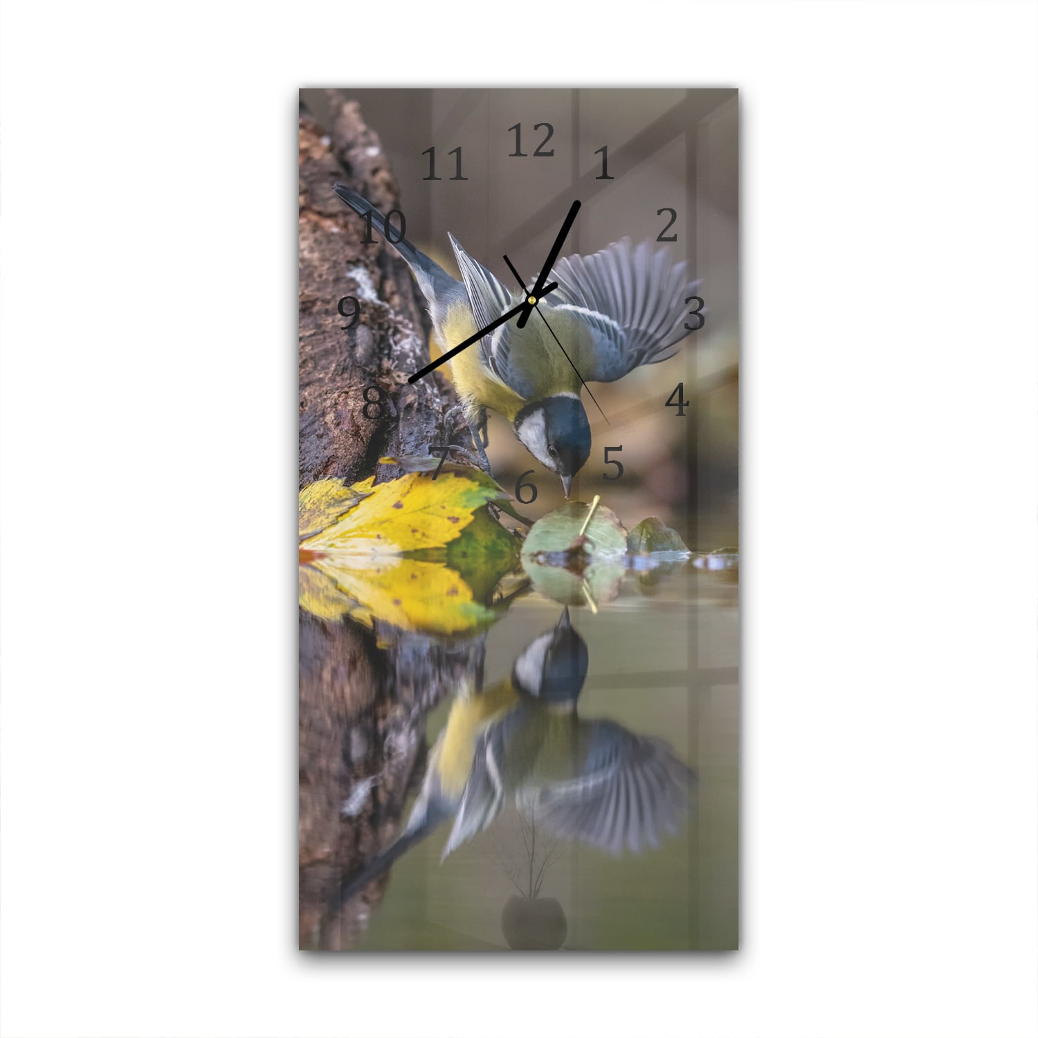 Wanduhr 30x60 - Kohlmeise am Wasser