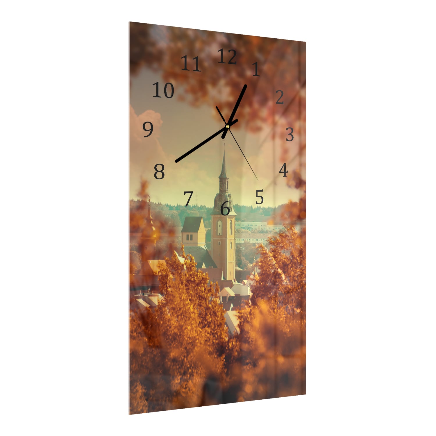 Wanduhr 30x60 - Kirche im Herbst