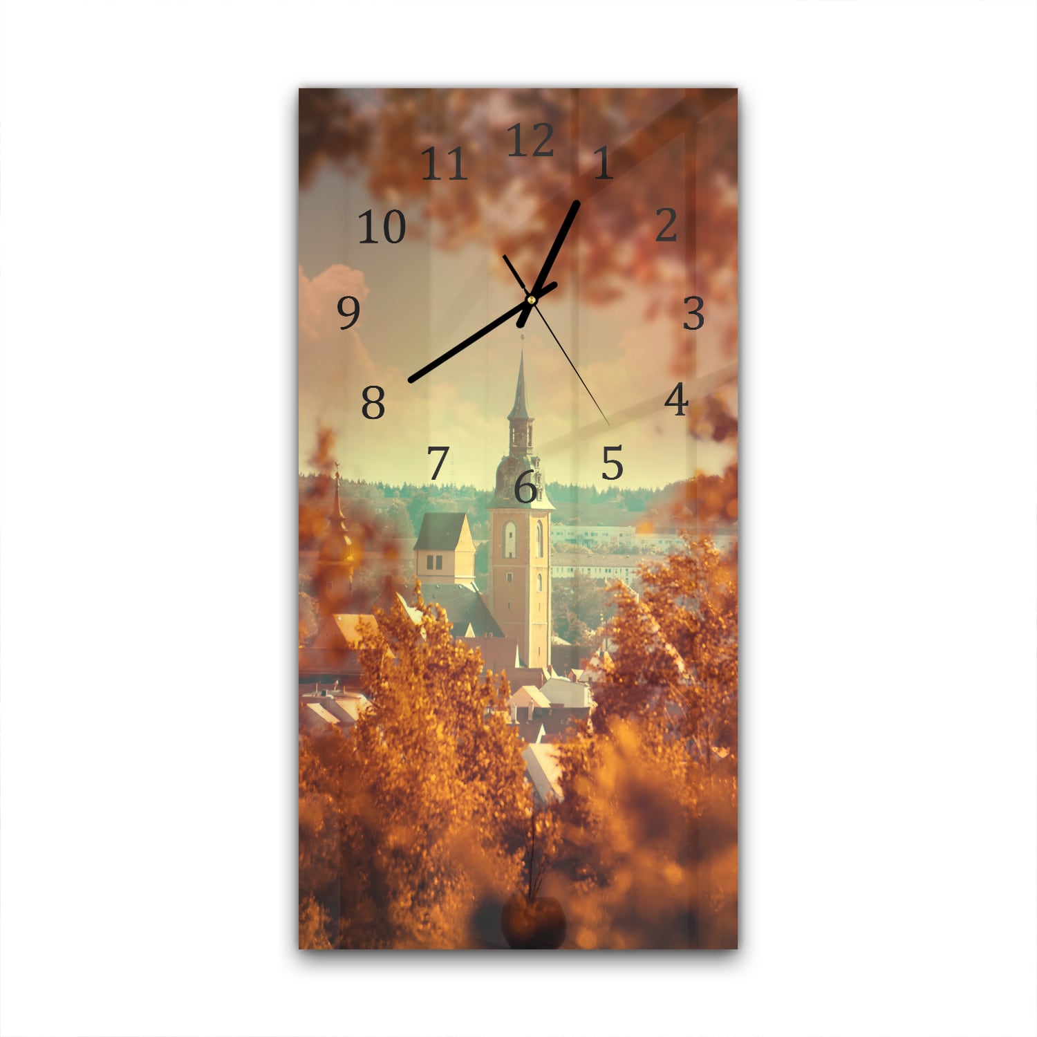 Wanduhr 30x60 - Kirche im Herbst