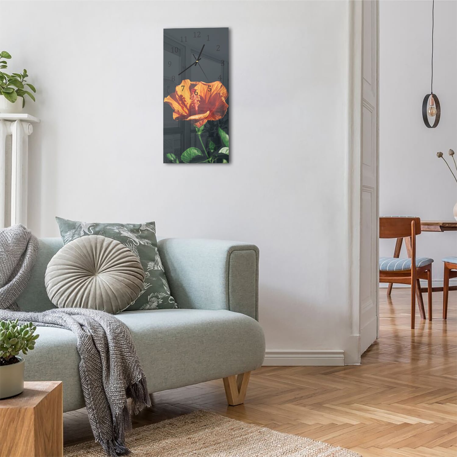 Wanduhr 30x60 - Orange Hibiskus