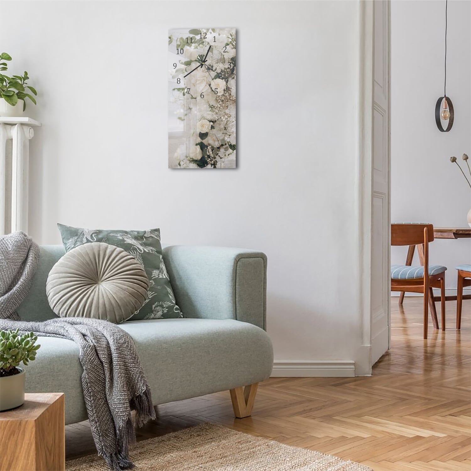 Wanduhr 30x60 - Weiße Blumen-Deko